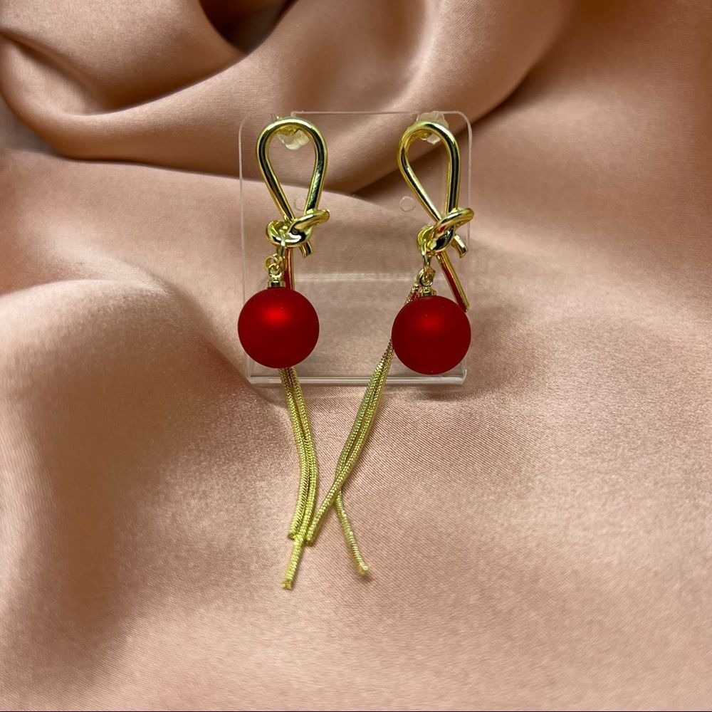 NWT Holiday Red & Gold Tassel Dangle Earrings 925 Silver Prong